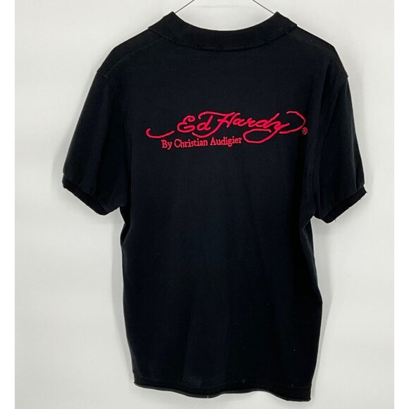 Ed Hardy Hollywood Black Polo Shirt L Distressed Design Embroidered Logo - Picture 2 of 8